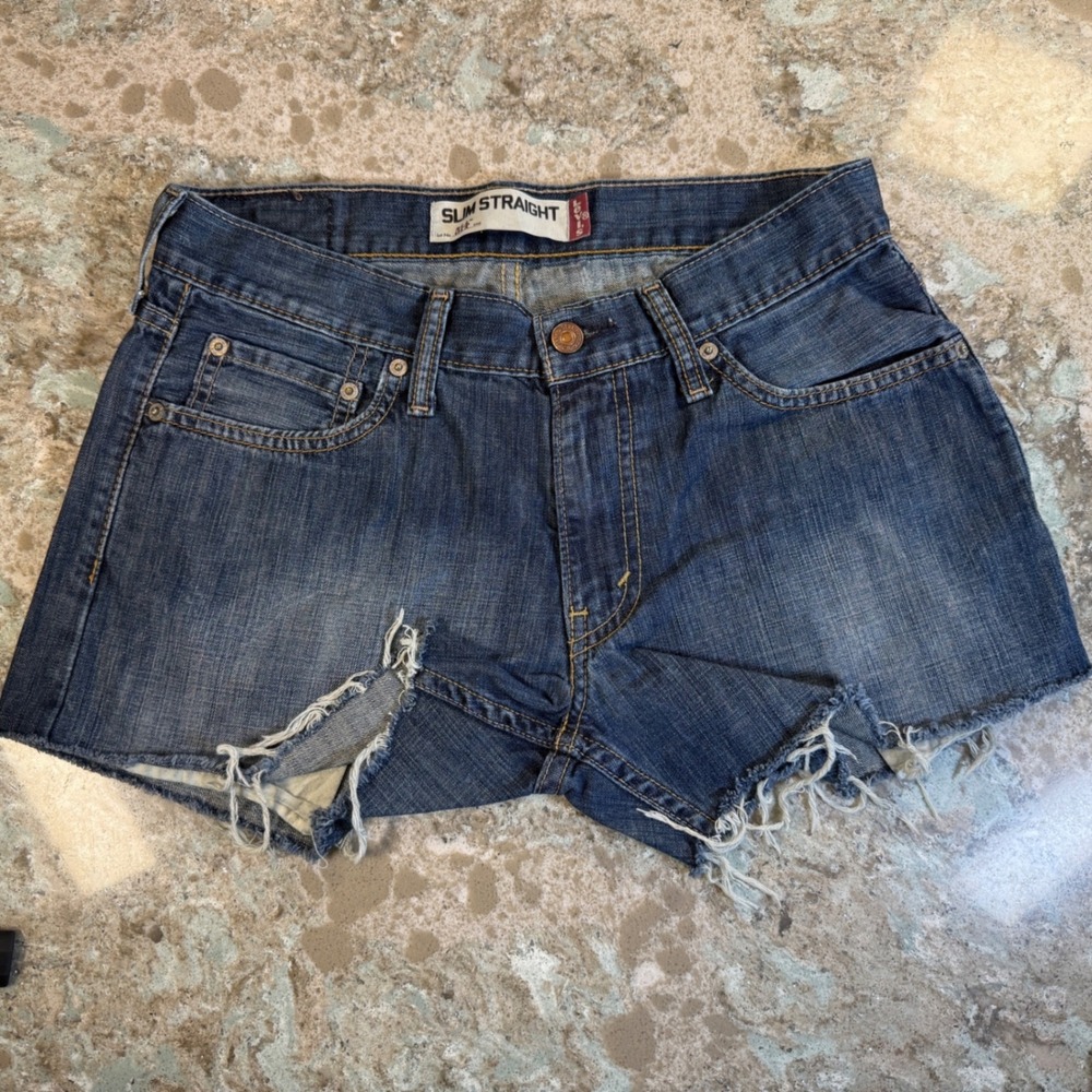 Levis 514 Slim Straight Denim Shorts Medium‎ Wash Cut Off Raw Hem 30 Womens